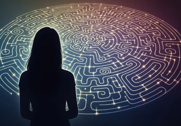 Woman looking at a maze of thoughts representing anxiety.