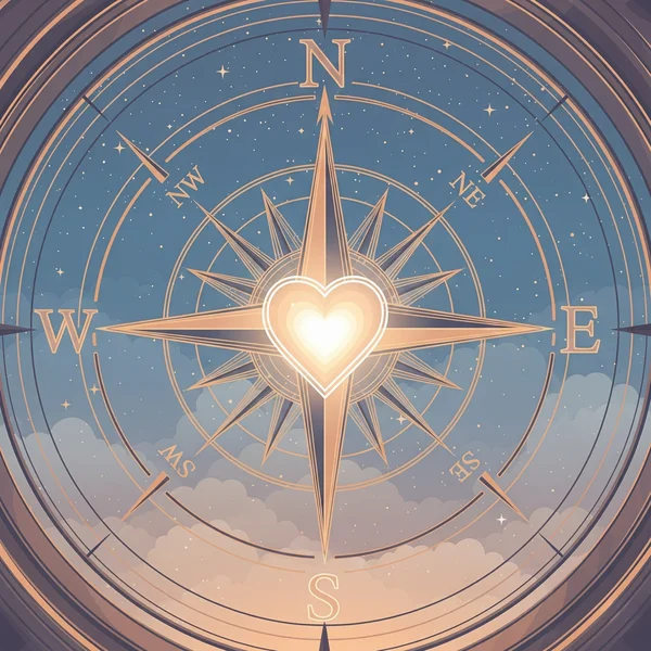 An intricate compass with a heart, symbolizing self-discovery.
