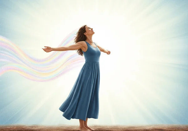Joyful woman embracing true self, rainbow colors
