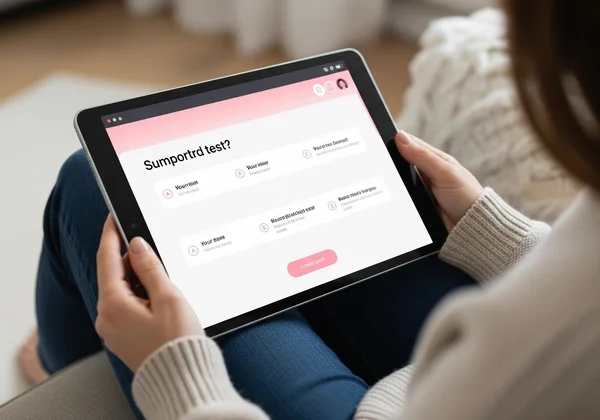 A woman taking an online lesbian test for self-discovery.
