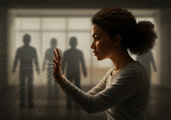 Woman breaking free from societal chains.
